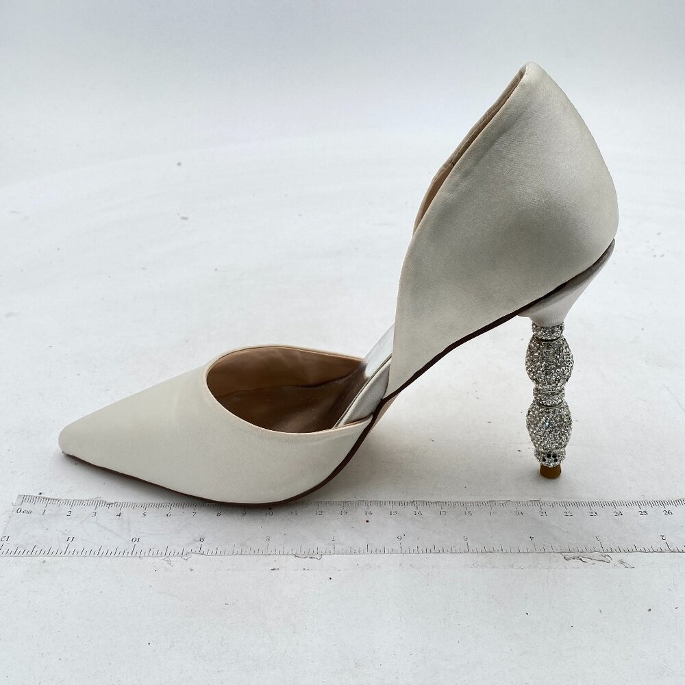 XYD Ivory Satin Pointed D'Orsay Pumps with Crystal Sculpted Heel